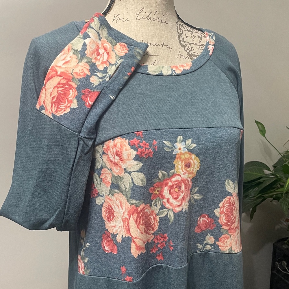 Floral Long Sleeve Top - Blue and Pink